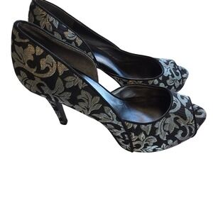 Nine West Black Silver Brocade Peep Toe‎ High Heel Pumps Women's Size 8.5